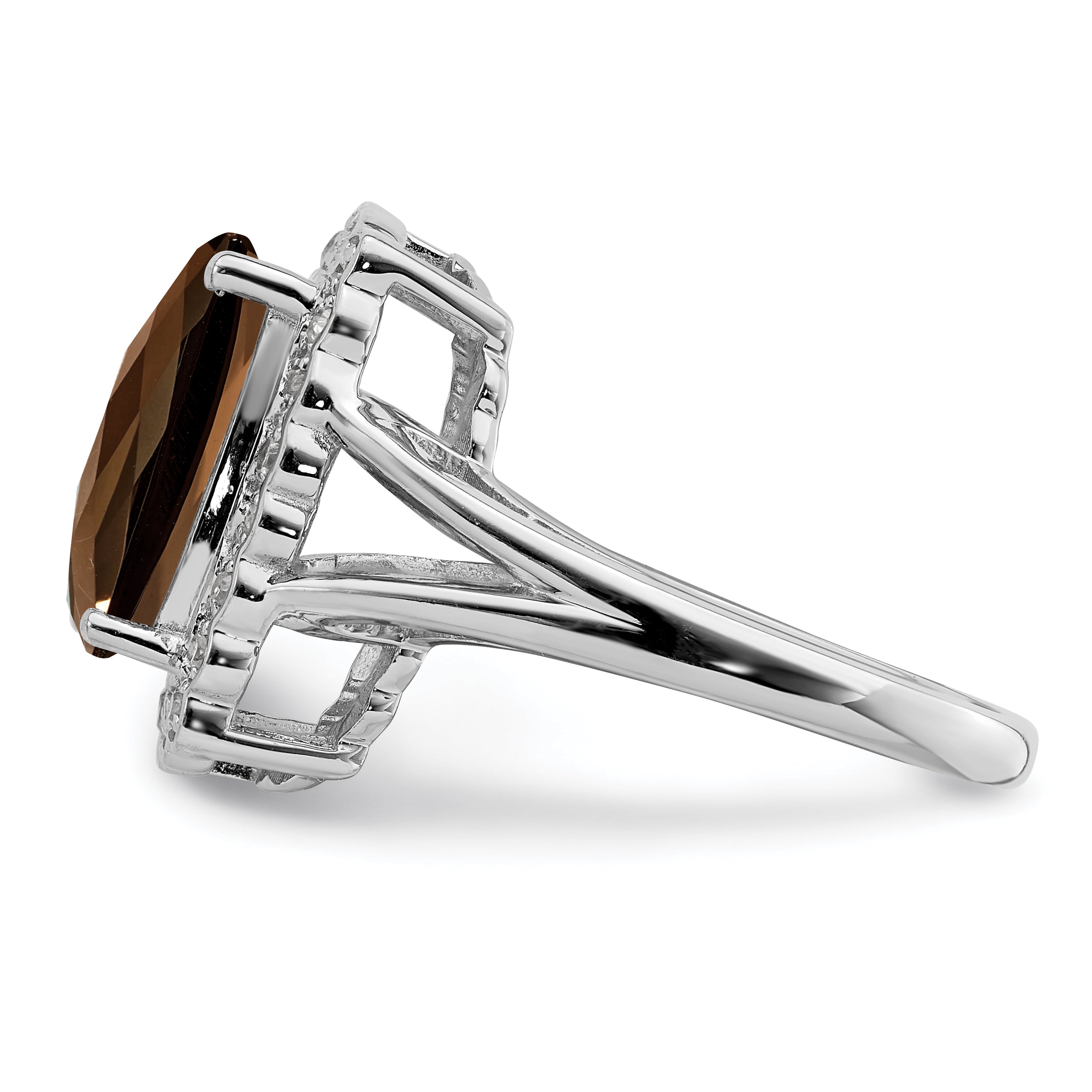 Sterling Silver Rhodium Diamond & Checker-Cut Smoky Quartz Ring