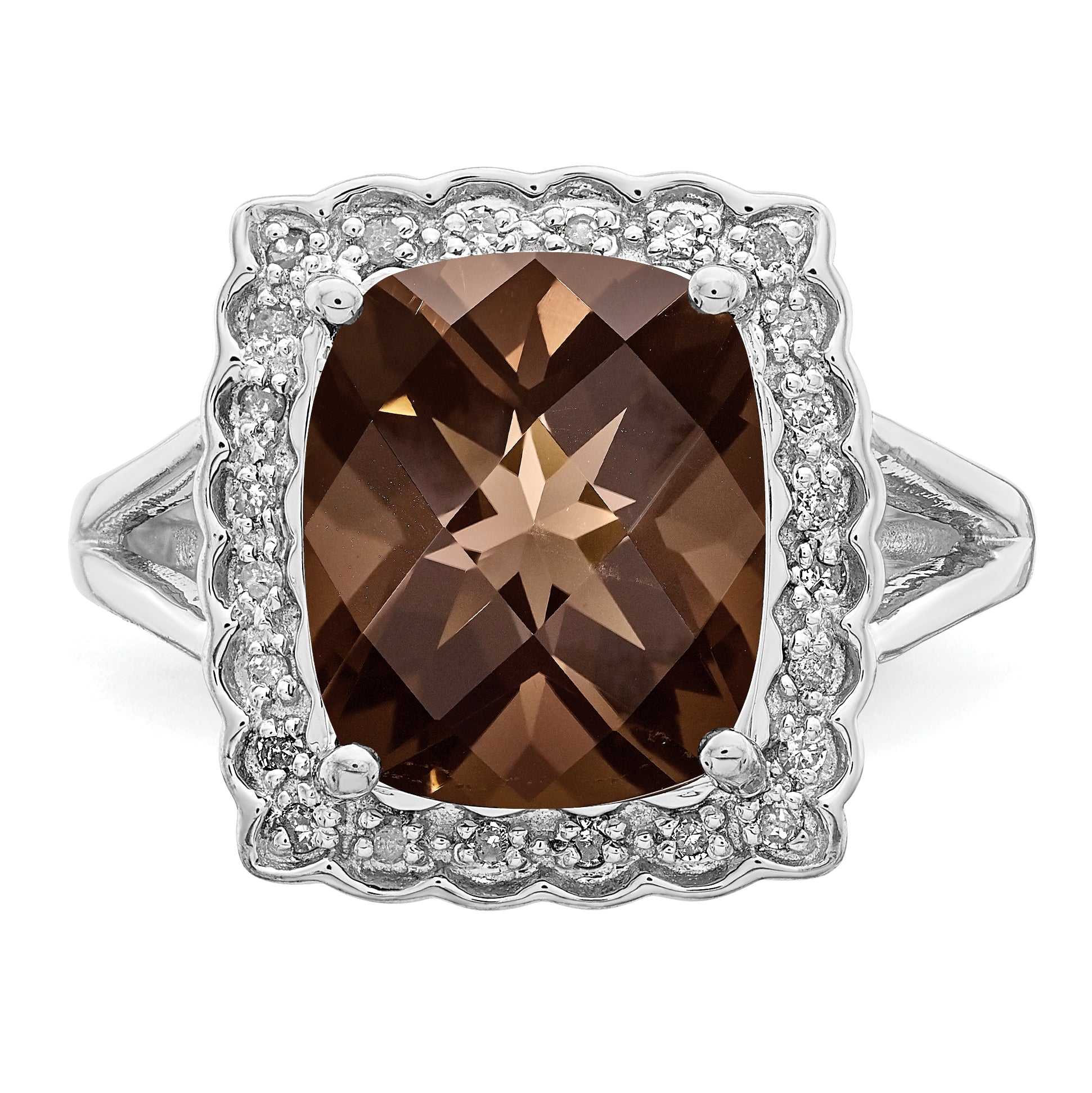 Sterling Silver Rhodium Diamond & Checker-Cut Smoky Quartz Ring