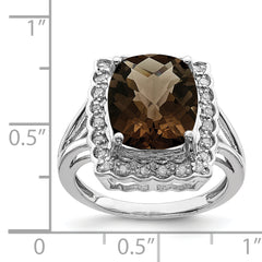 Sterling Silver Rhodium Diamond & Checker-Cut Smoky Quartz Ring