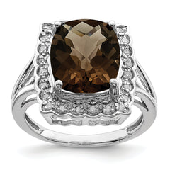 Sterling Silver Rhodium Diamond & Checker-Cut Smoky Quartz Ring