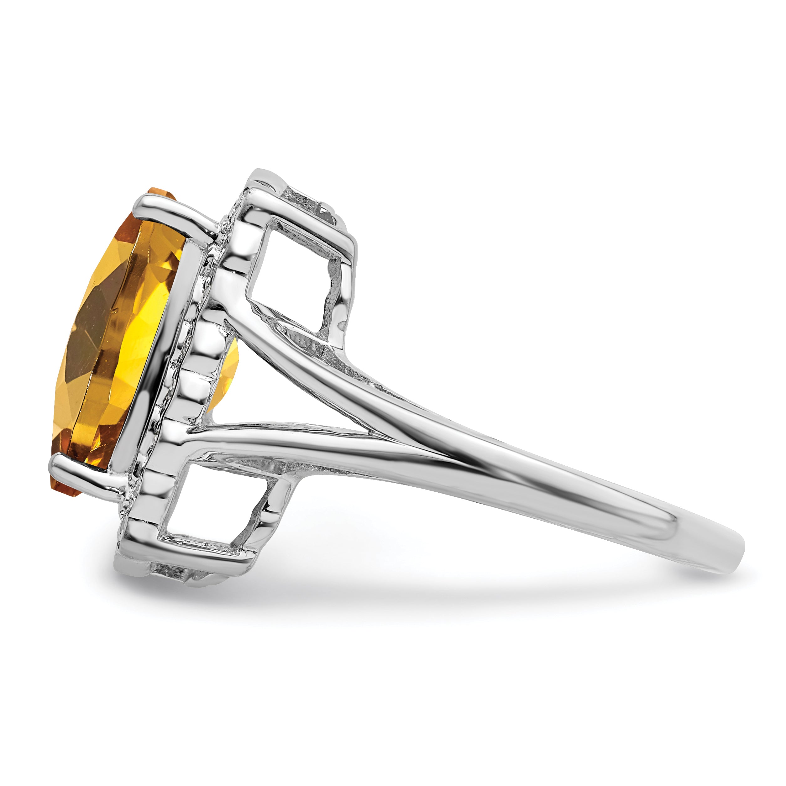 Sterling Silver Rhodium Diamond & Checker-Cut Whiskey Quartz Ring