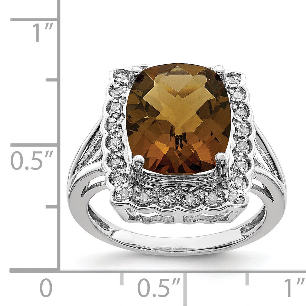 Sterling Silver Rhodium Diamond & Checker-Cut Whiskey Quartz Ring