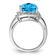 Sterling Silver Rhodium Diamond & Checker-Cut Blue Topaz Ring