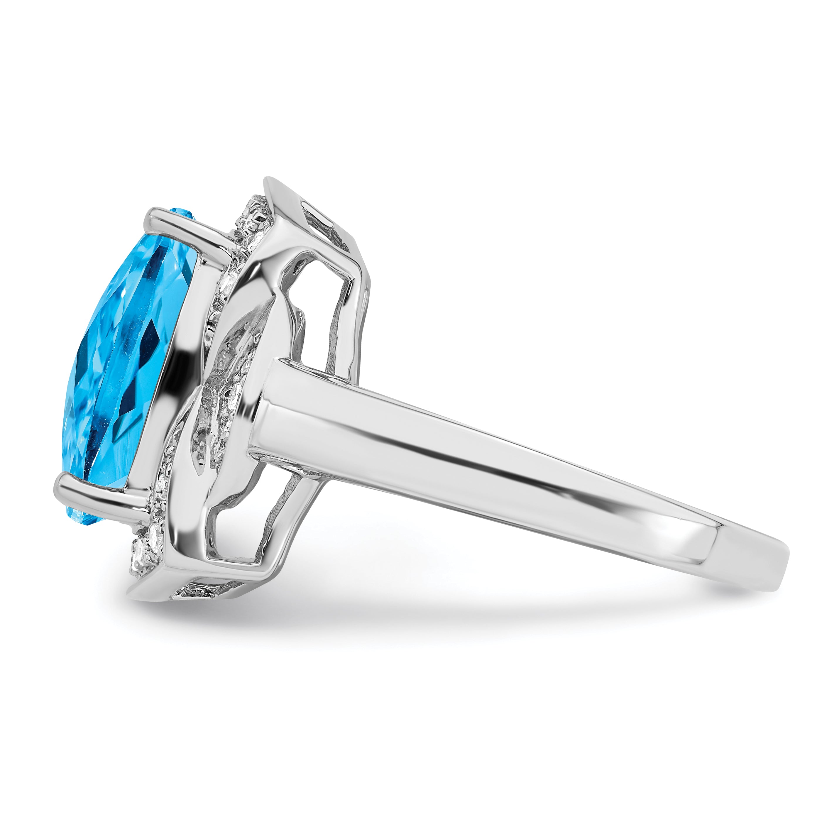 Sterling Silver Rhodium Diamond & Checker-Cut Blue Topaz Ring