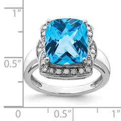 Sterling Silver Rhodium Diamond & Checker-Cut Blue Topaz Ring