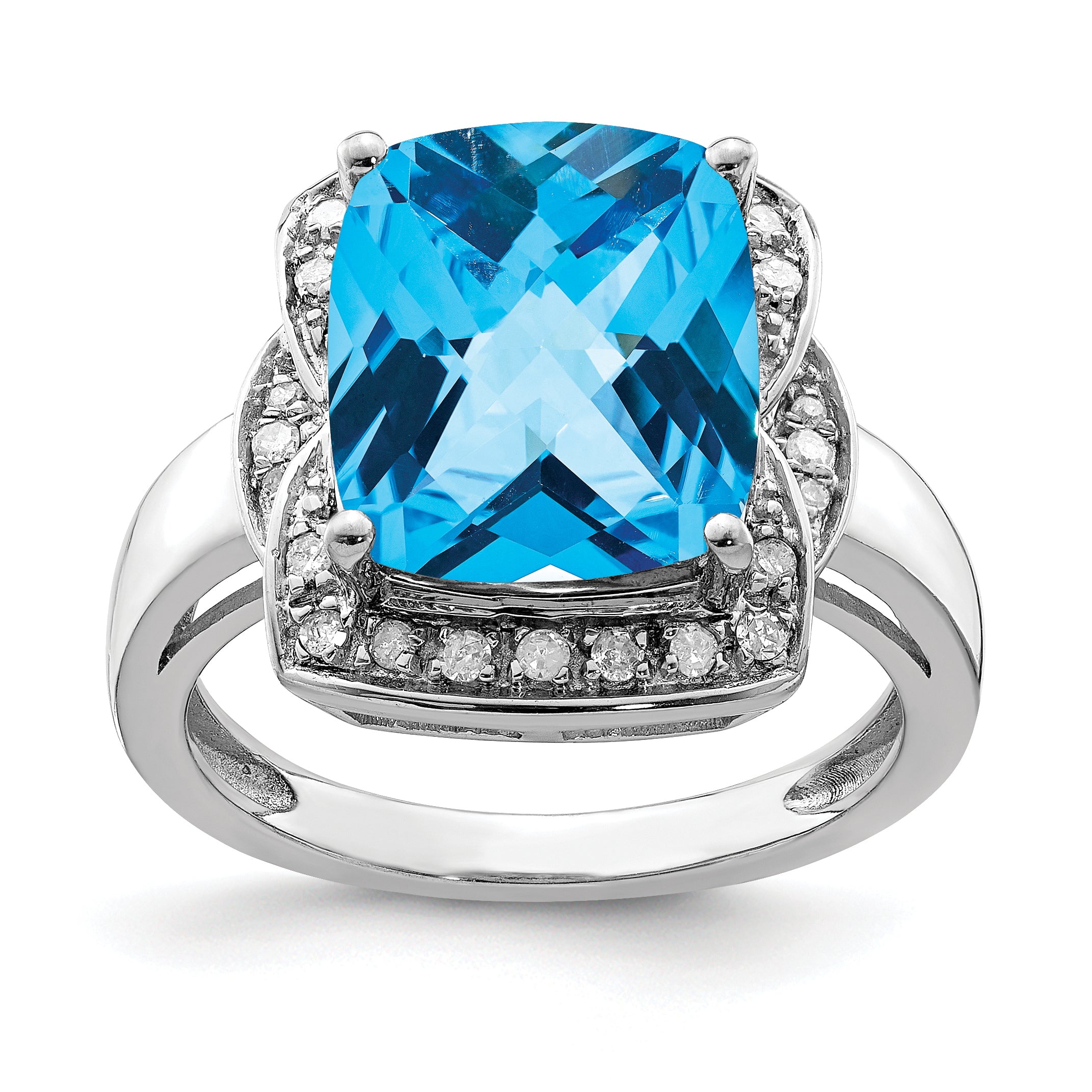 Sterling Silver Rhodium Diamond & Checker-Cut Blue Topaz Ring