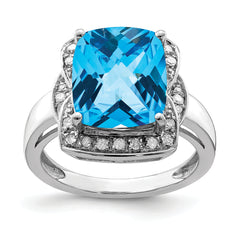 Sterling Silver Rhodium Diamond & Checker-Cut Blue Topaz Ring