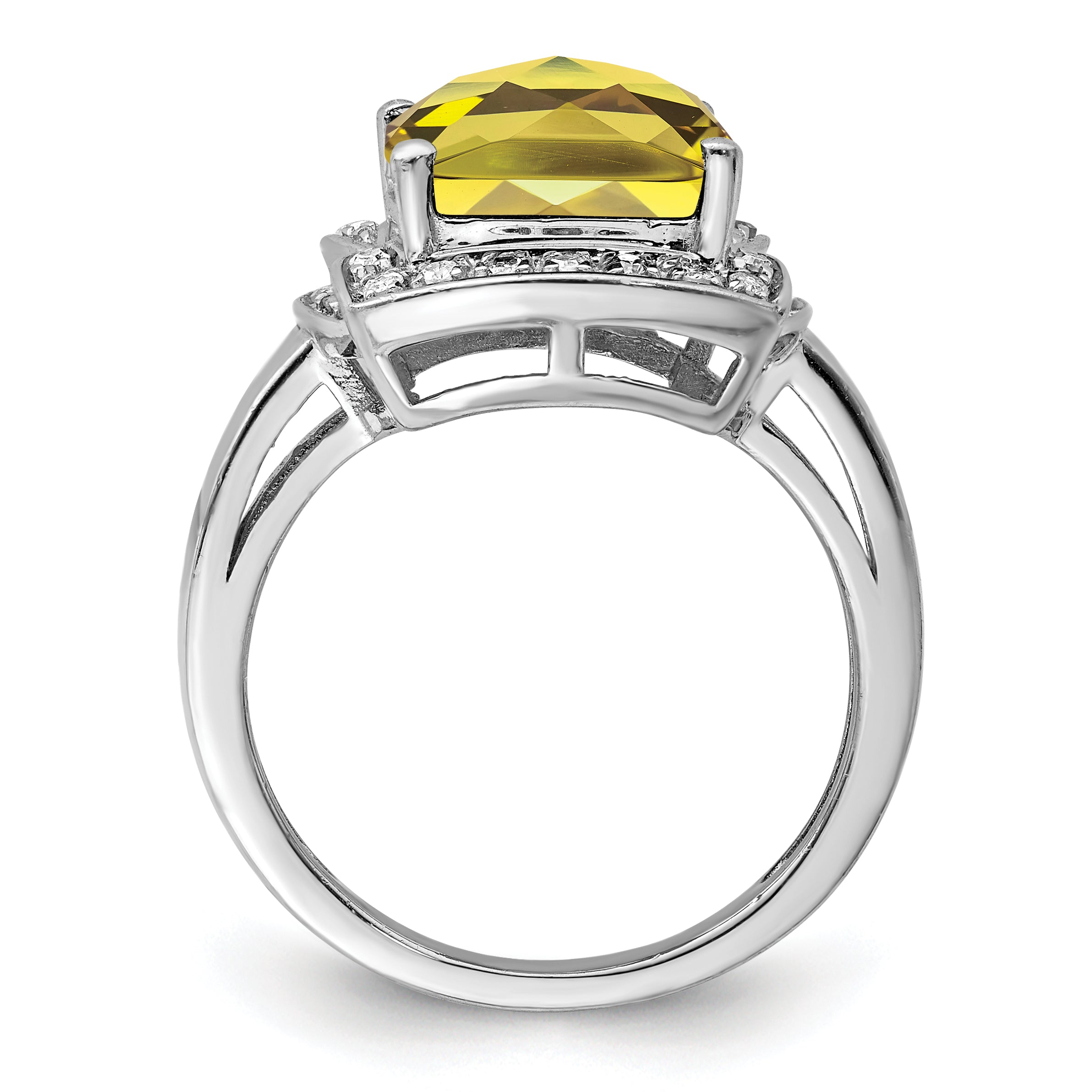 Sterling Silver Rhodium Diamond & Checker-Cut Lemon Quartz Ring