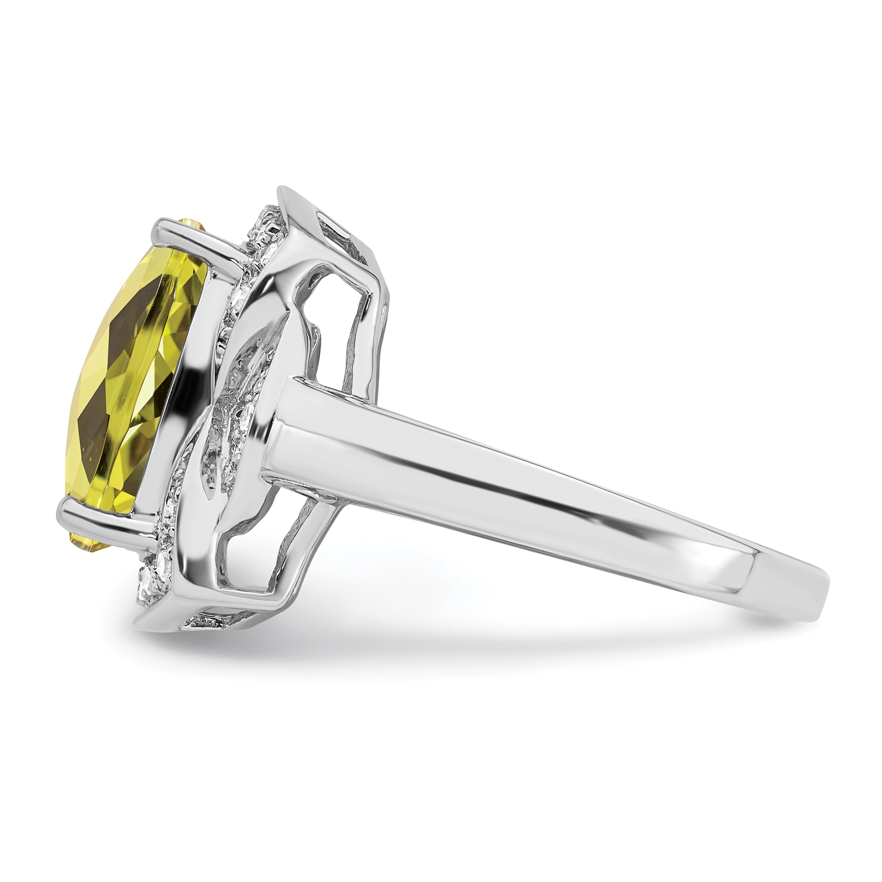 Sterling Silver Rhodium Diamond & Checker-Cut Lemon Quartz Ring