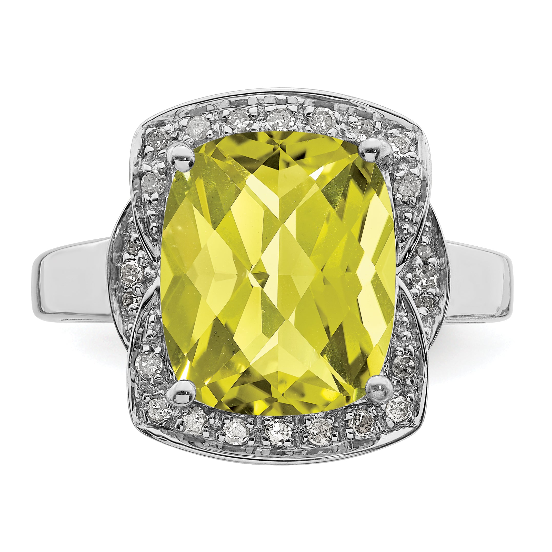 Sterling Silver Rhodium Diamond & Checker-Cut Lemon Quartz Ring