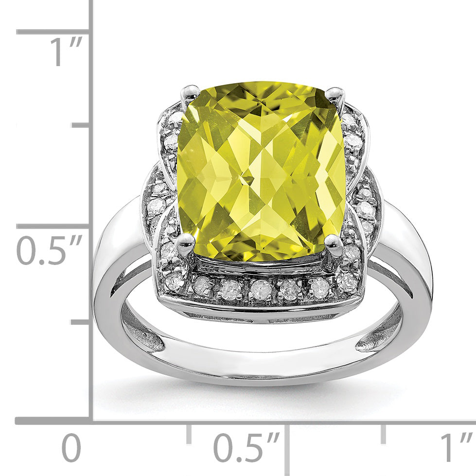 Sterling Silver Rhodium Diamond & Checker-Cut Lemon Quartz Ring