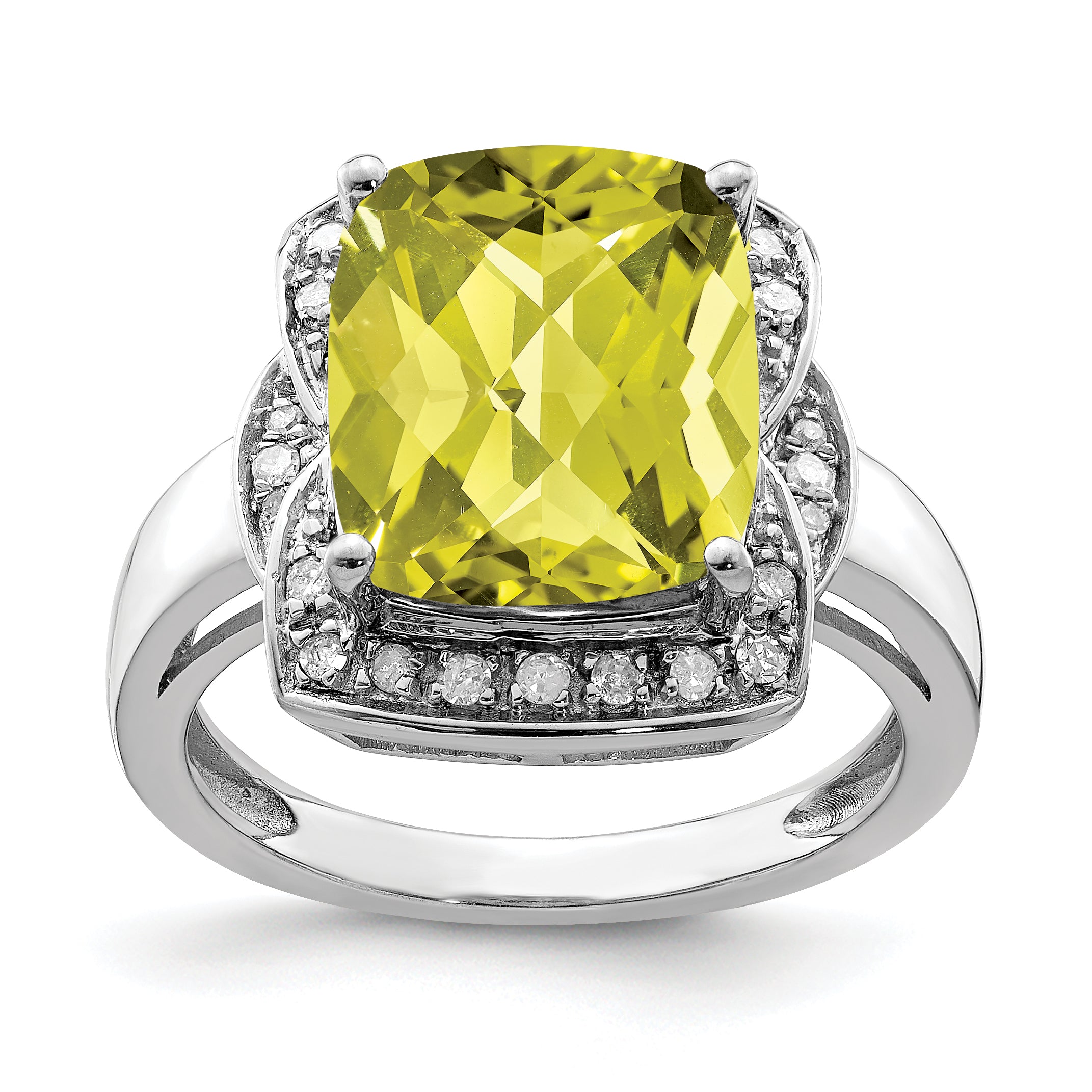 Sterling Silver Rhodium Diamond & Checker-Cut Lemon Quartz Ring