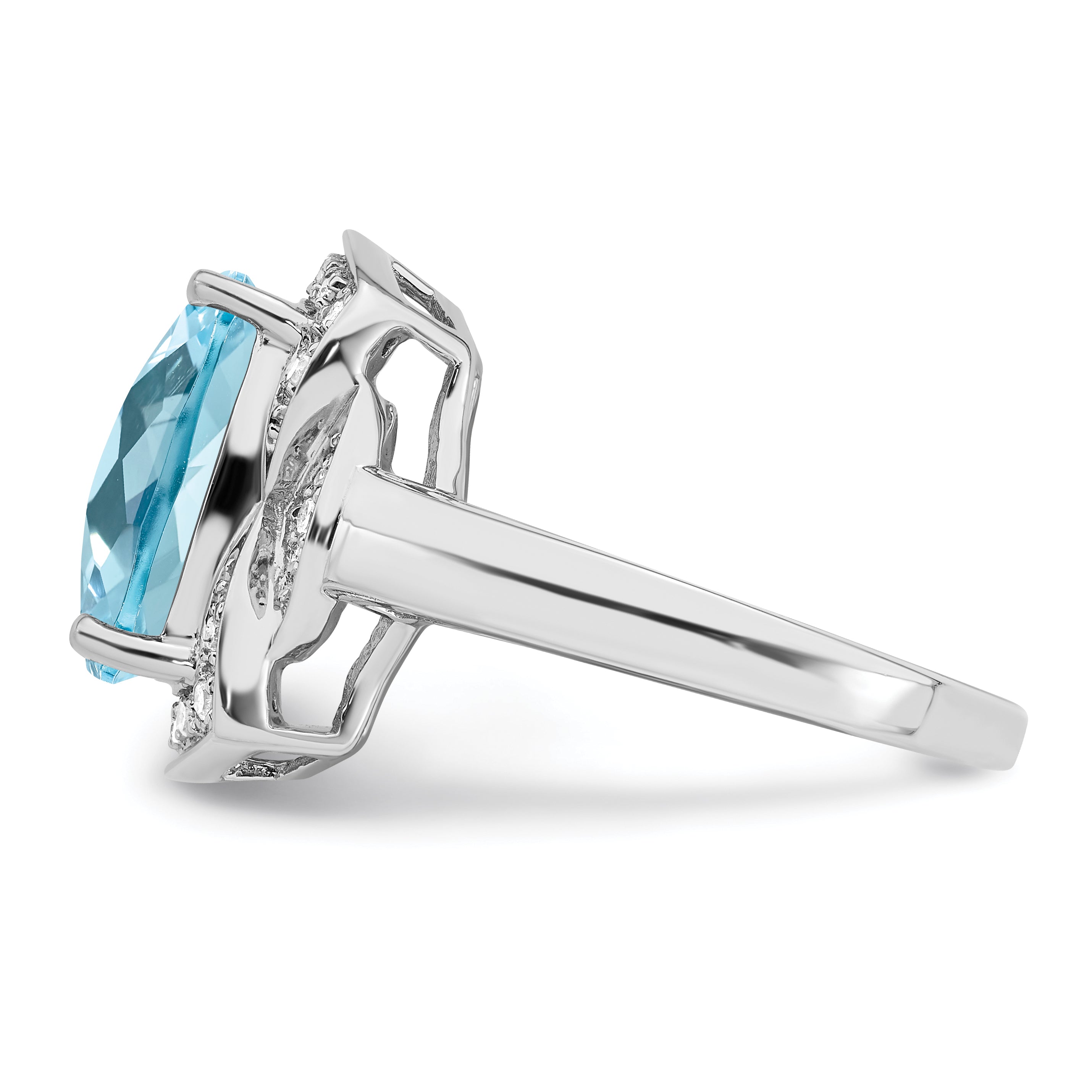 Sterling Silver Rhodium Diamond & Checker-Cut Sky Blue Topaz Ring