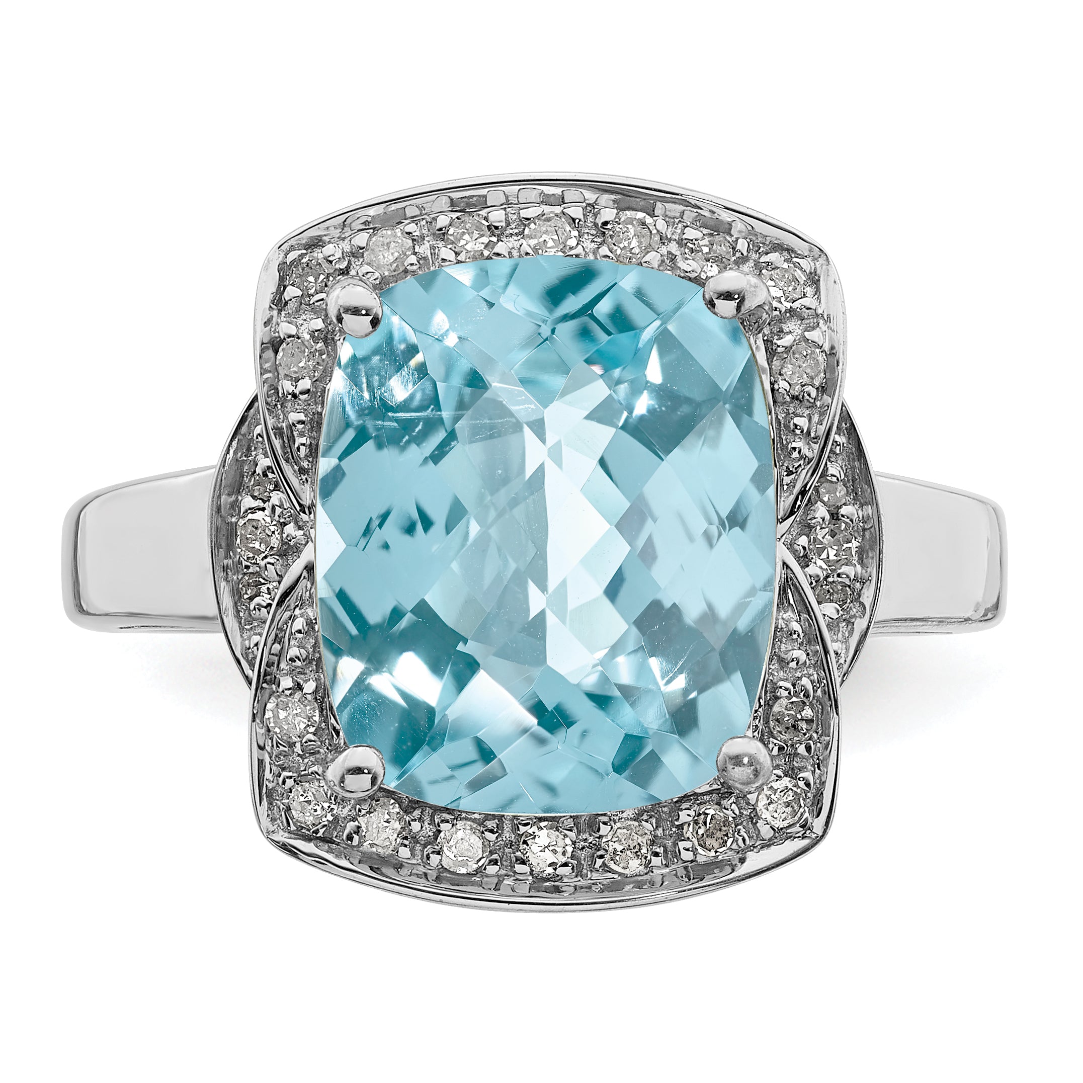 Sterling Silver Rhodium Diamond & Checker-Cut Sky Blue Topaz Ring