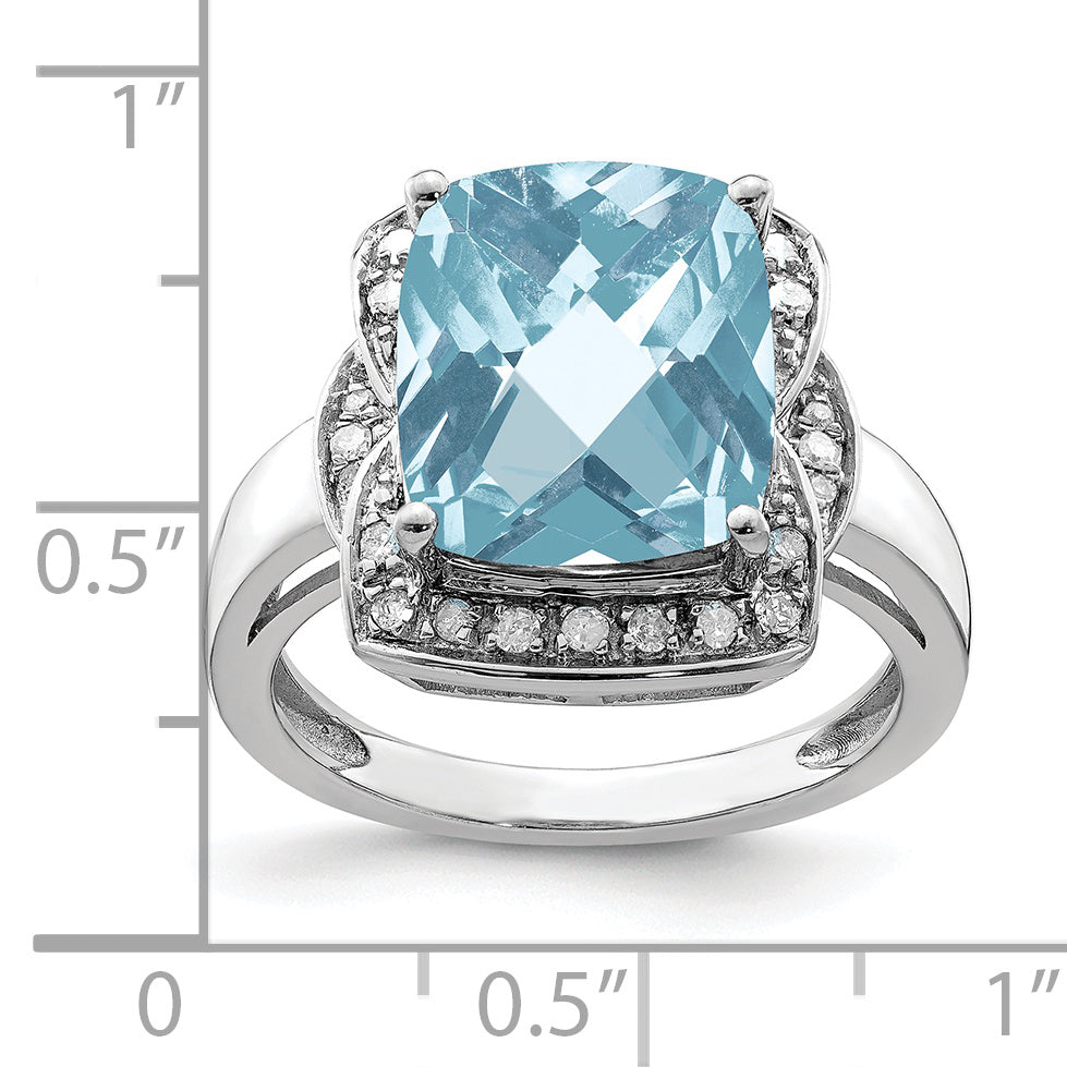 Sterling Silver Rhodium Diamond & Checker-Cut Sky Blue Topaz Ring