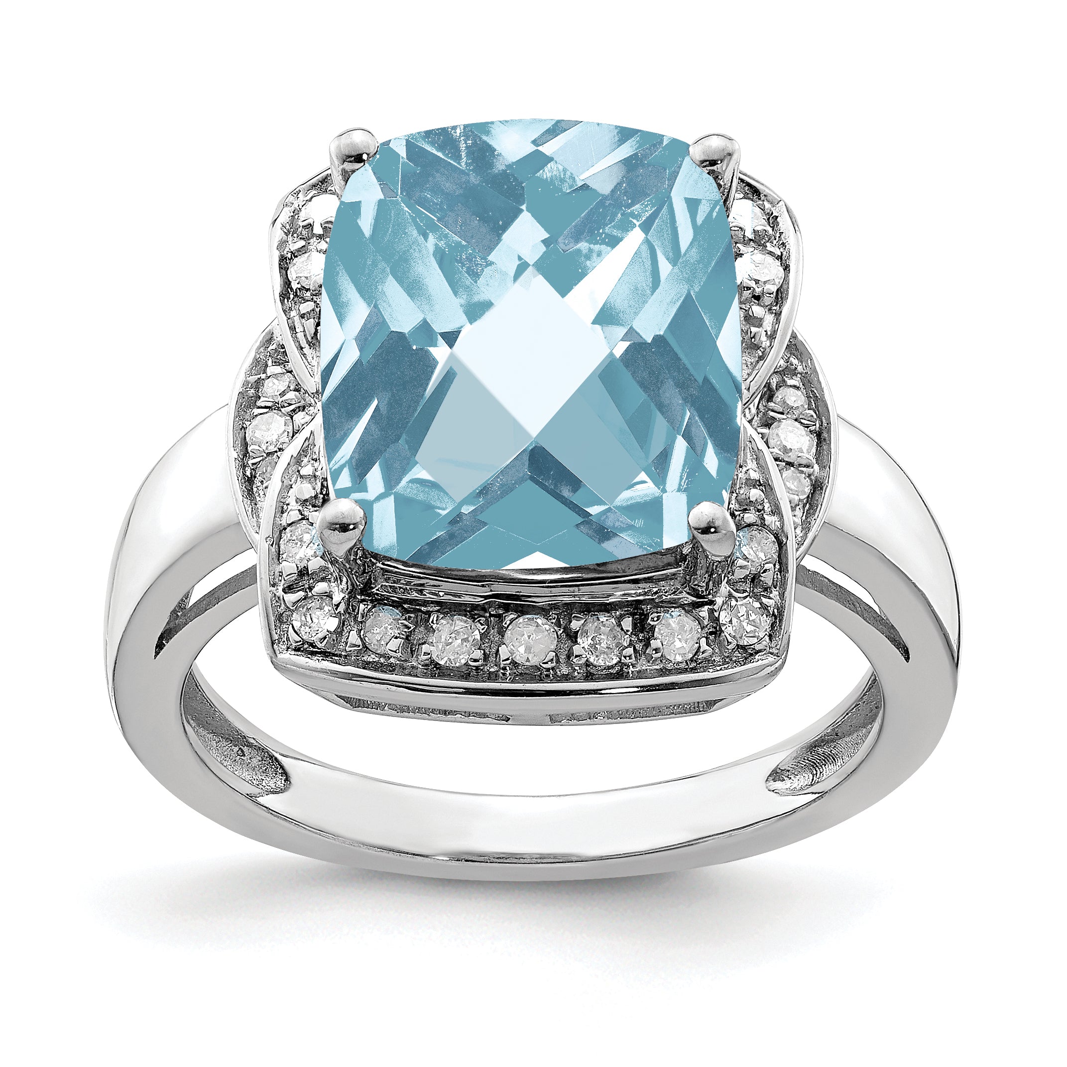 Sterling Silver Rhodium Diamond & Checker-Cut Sky Blue Topaz Ring