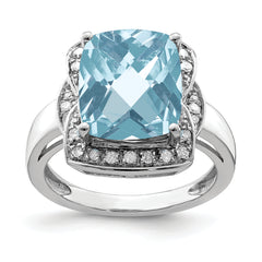 Sterling Silver Rhodium Diamond & Checker-Cut Sky Blue Topaz Ring