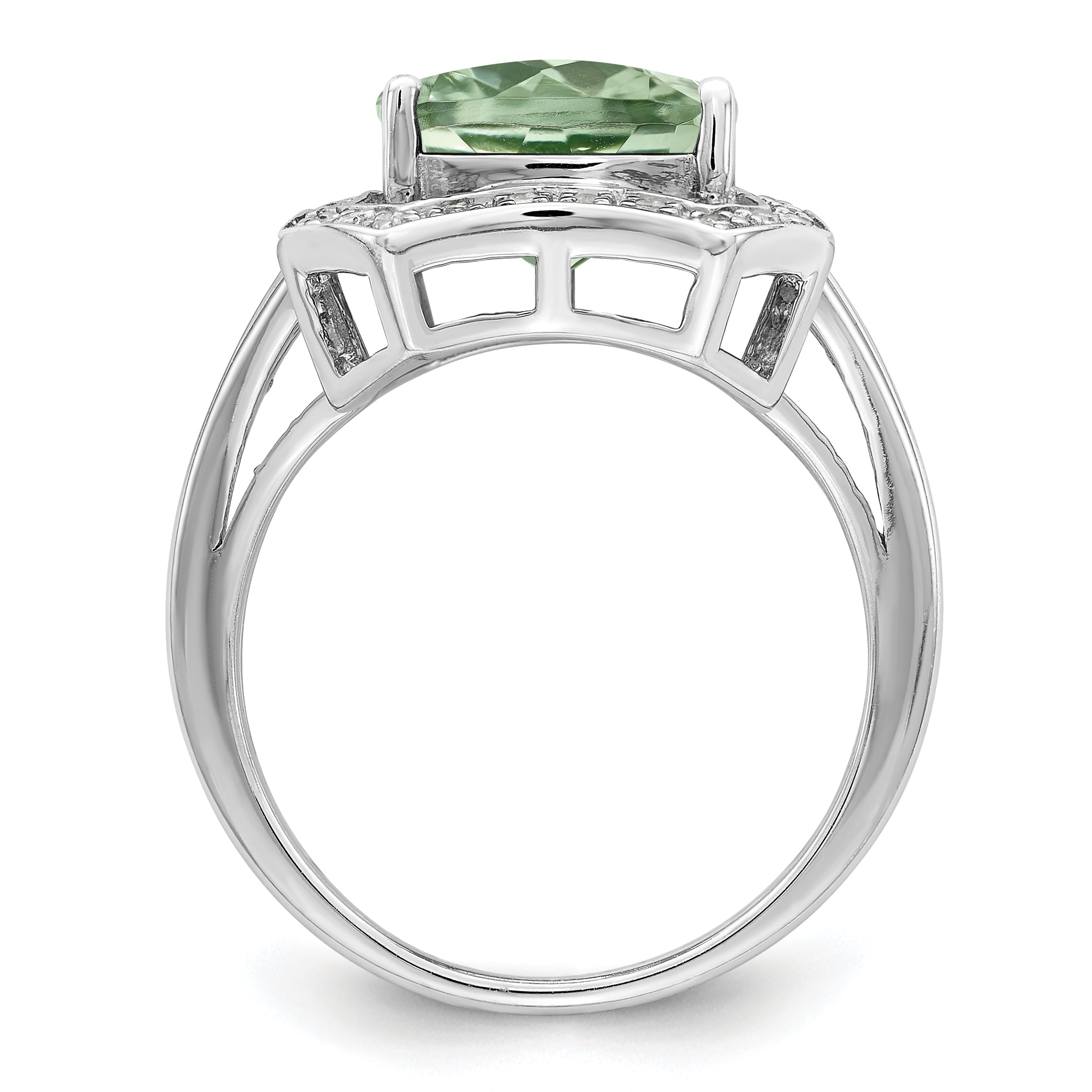 Sterling Silver Rhodium Diamond & Checker-Cut Green Quartz Ring