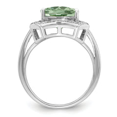 Sterling Silver Rhodium Diamond & Checker-Cut Green Quartz Ring