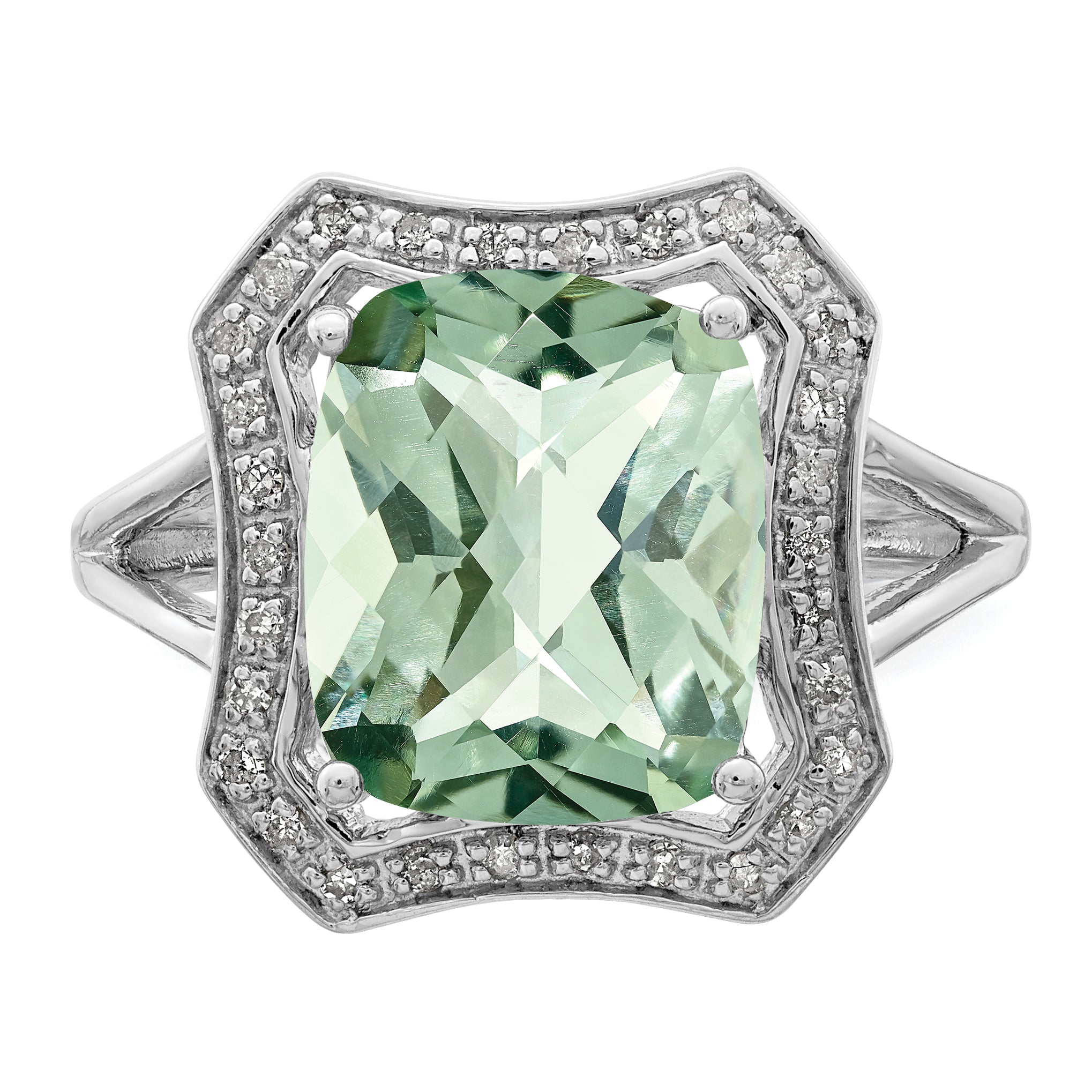 Sterling Silver Rhodium Diamond & Checker-Cut Green Quartz Ring