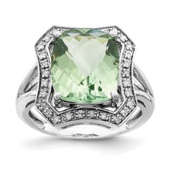 Sterling Silver Rhodium Diamond & Checker-Cut Green Quartz Ring