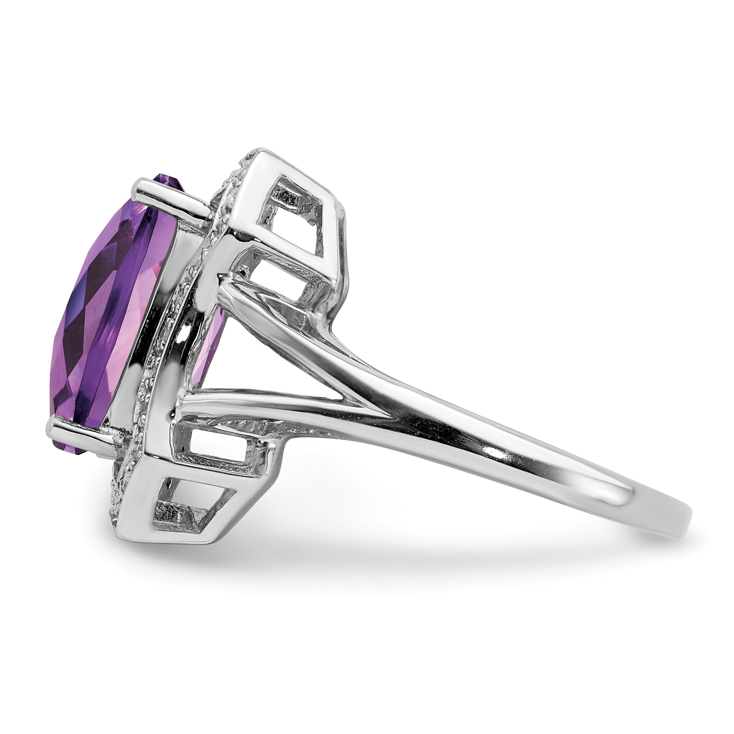 Sterling Silver Rhodium-plated Diamond & Checker-Cut Amethyst Ring