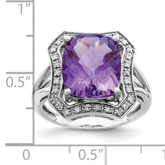 Sterling Silver Rhodium-plated Diamond & Checker-Cut Amethyst Ring