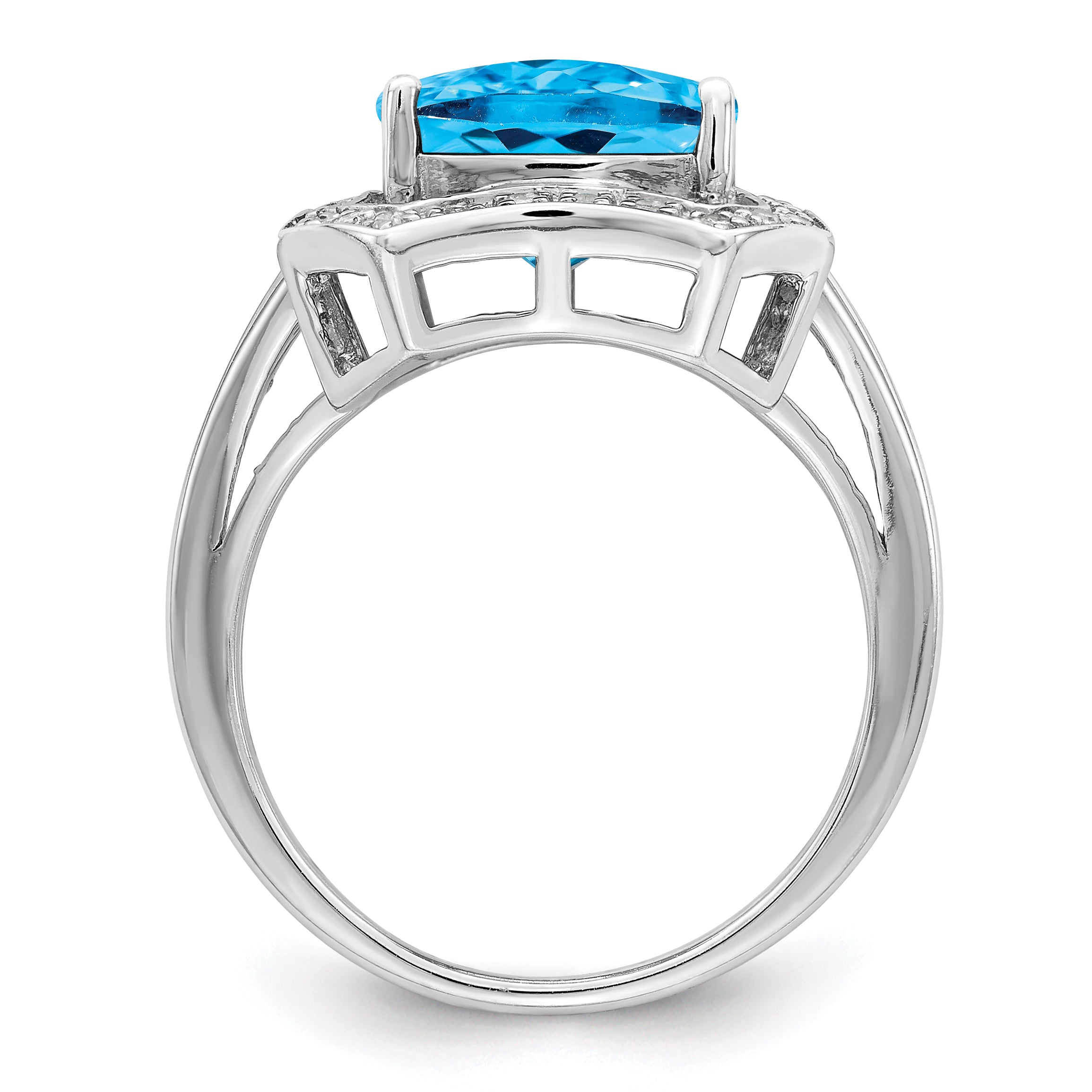 Sterling Silver Rhodium Diamond & Checker-Cut Blue Topaz Ring