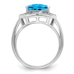 Sterling Silver Rhodium Diamond & Checker-Cut Blue Topaz Ring