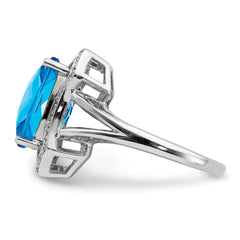 Sterling Silver Rhodium Diamond & Checker-Cut Blue Topaz Ring