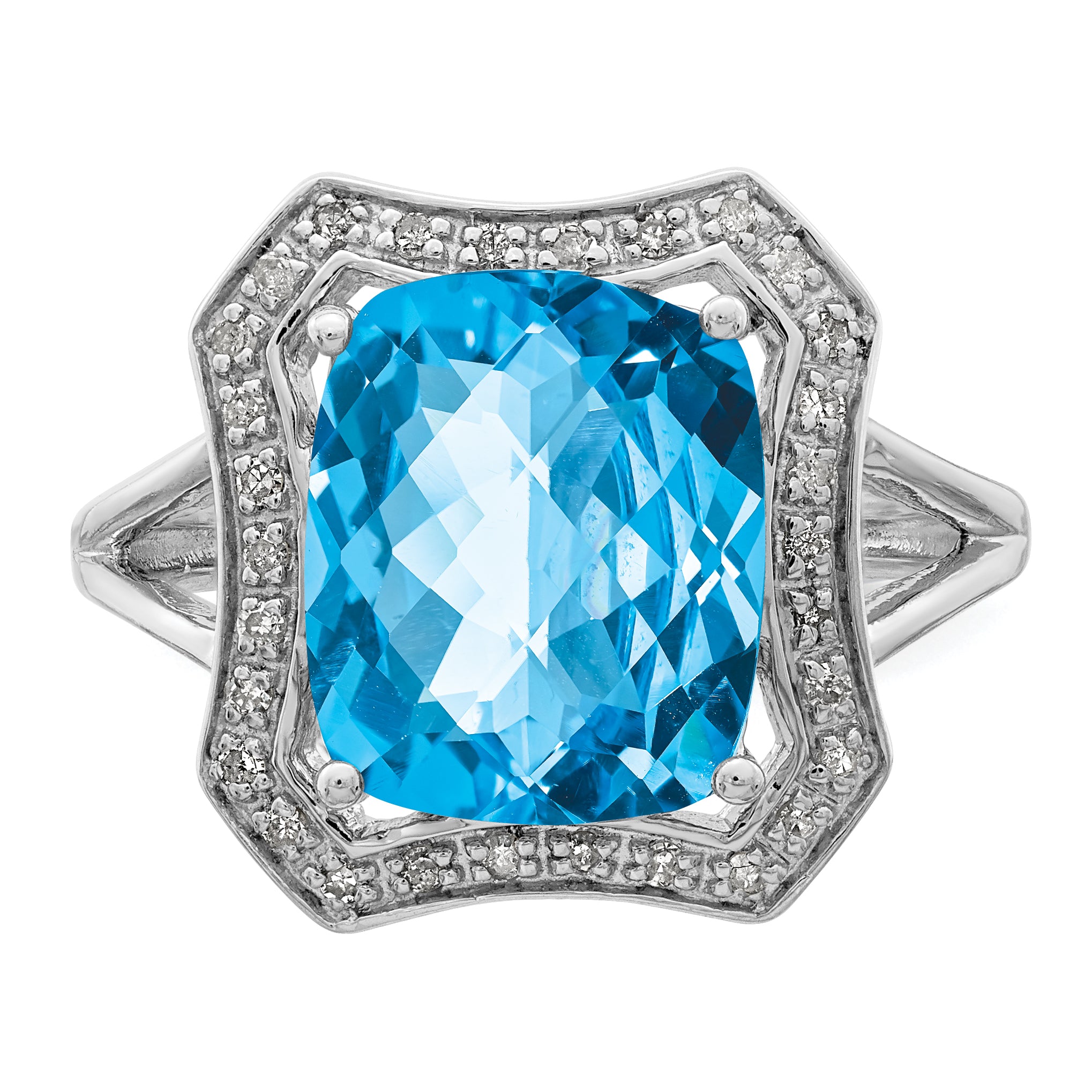 Sterling Silver Rhodium Diamond & Checker-Cut Blue Topaz Ring