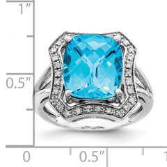 Sterling Silver Rhodium Diamond & Checker-Cut Blue Topaz Ring