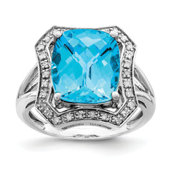 Sterling Silver Rhodium Diamond & Checker-Cut Blue Topaz Ring