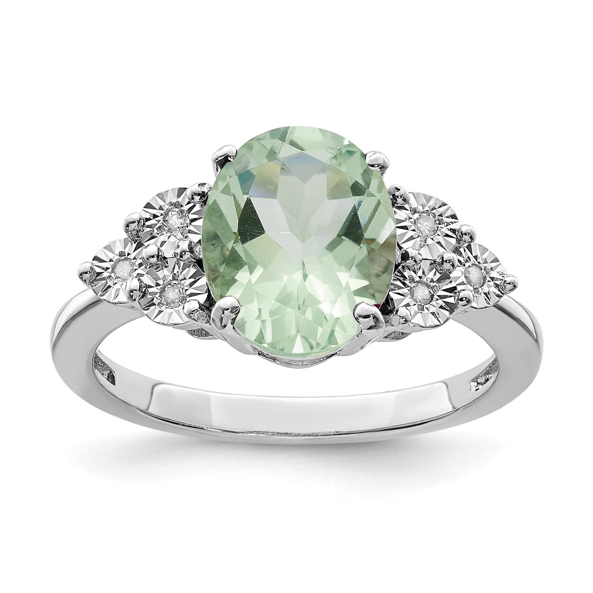 Sterling Silver Rhodium Diamond & Green Quartz Ring