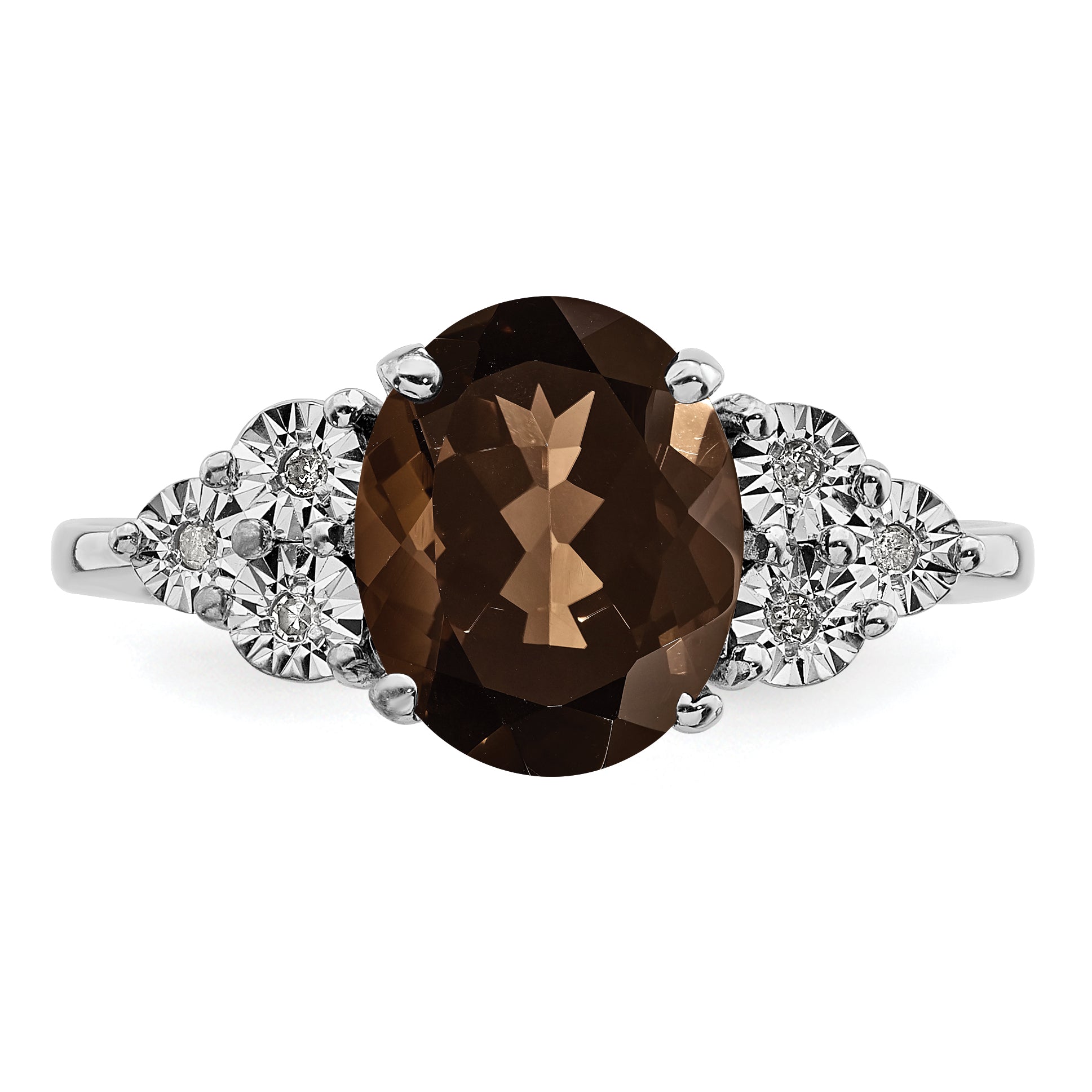 Sterling Silver Rhodium Diamond & Smoky Quartz Ring