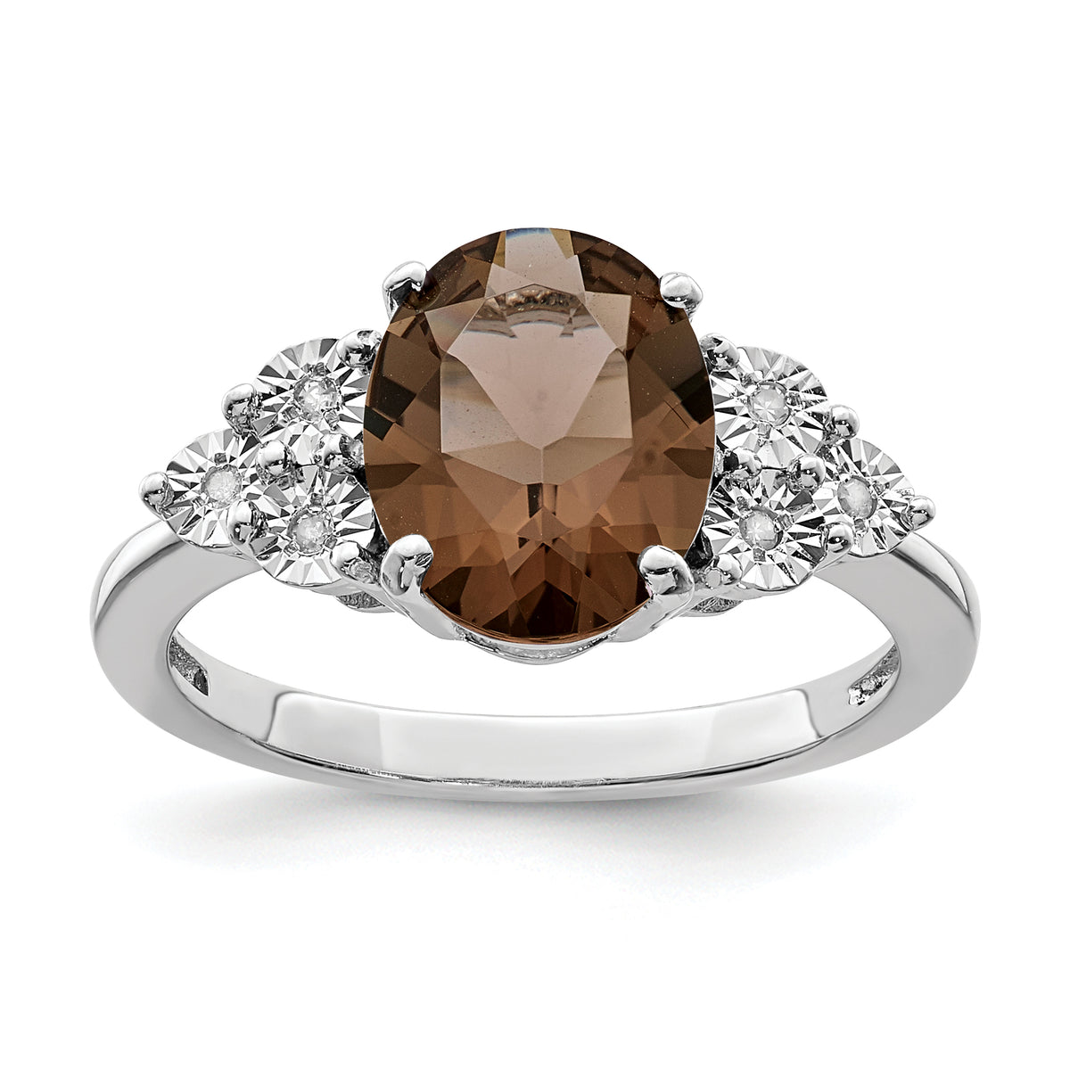 Sterling Silver Rhodium Diamond & Smoky Quartz Ring