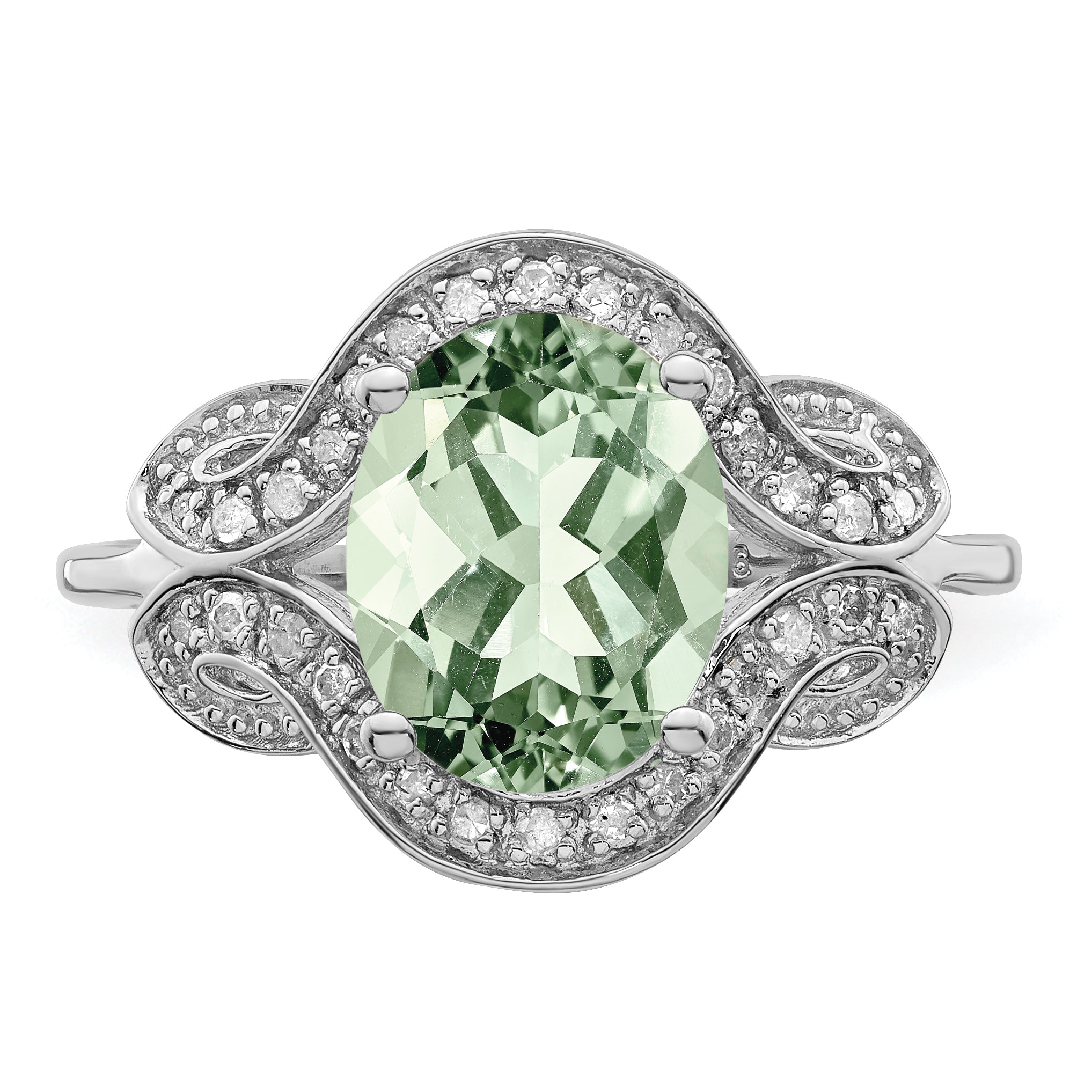 Sterling Silver Rhodium Diamond & Green Quartz Ring