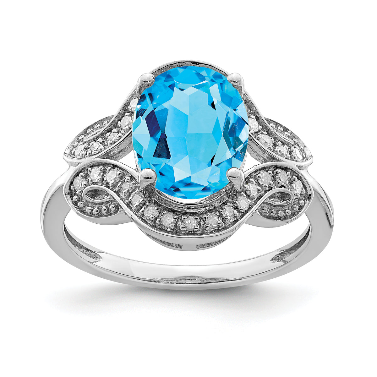 Sterling Silver Rhodium Diamond & Oval Blue Topaz Ring