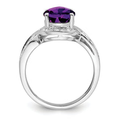 Sterling Silver Rhodium-plated Diamond & Oval Checker-Cut Amethyst Ring