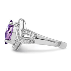 Sterling Silver Rhodium-plated Diamond & Oval Checker-Cut Amethyst Ring