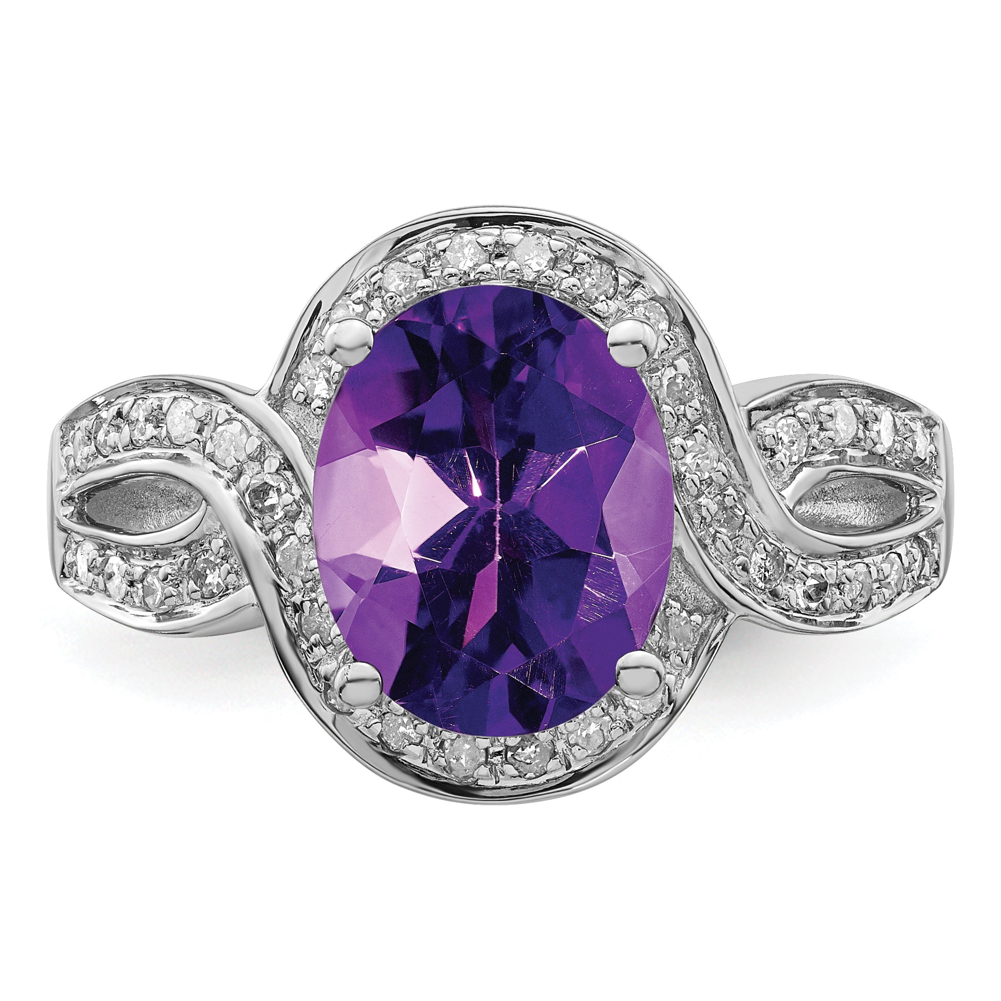 Sterling Silver Rhodium-plated Diamond & Oval Checker-Cut Amethyst Ring