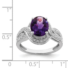 Sterling Silver Rhodium-plated Diamond & Oval Checker-Cut Amethyst Ring