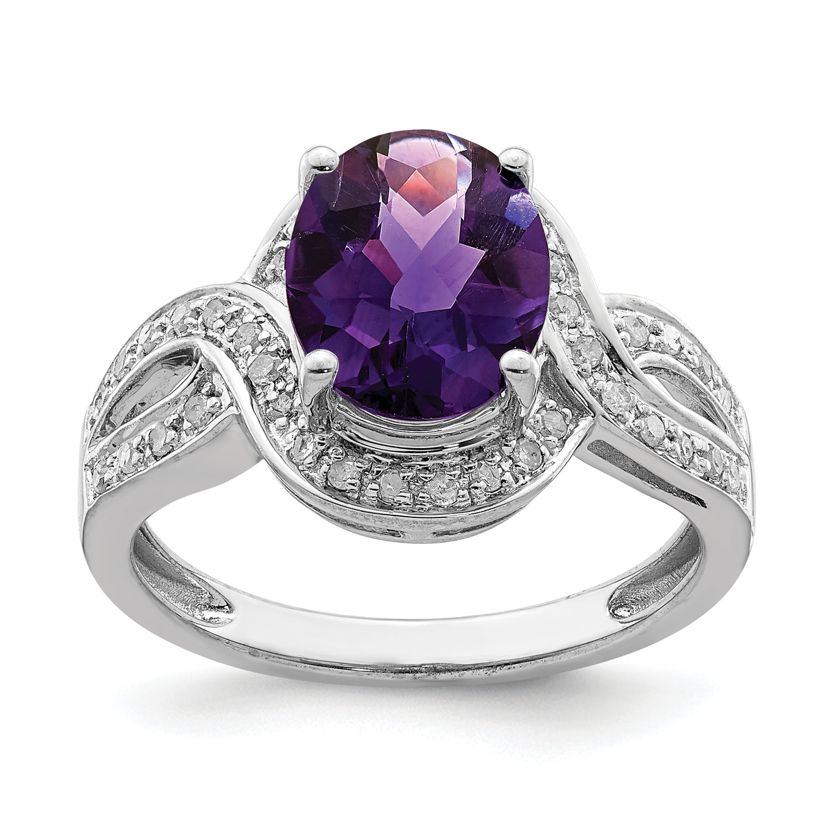 Sterling Silver Rhodium-plated Diamond & Oval Checker-Cut Amethyst Ring