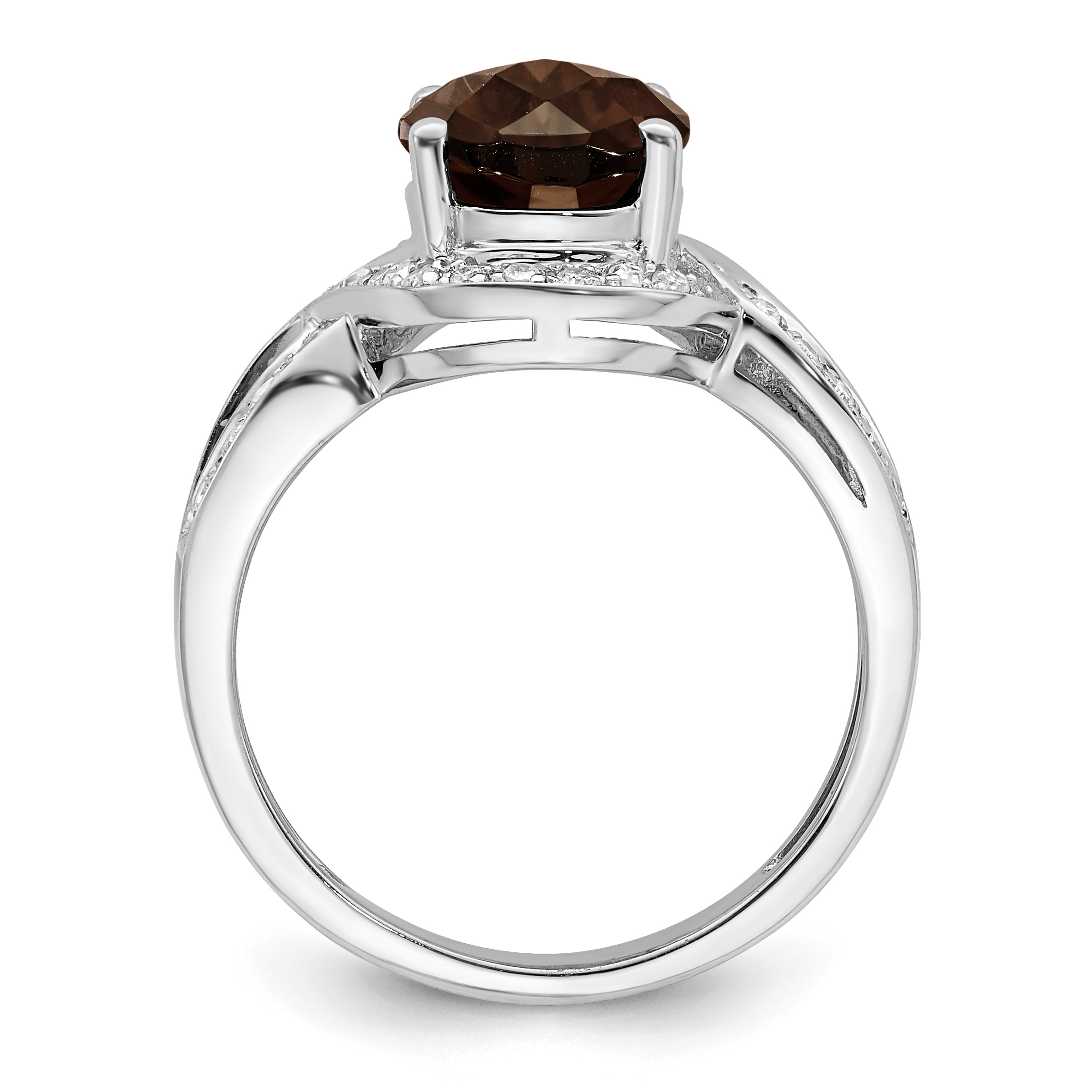 Sterling Silver Rhodium Diamond & Oval Checker-Cut Smoky Quartz Ring