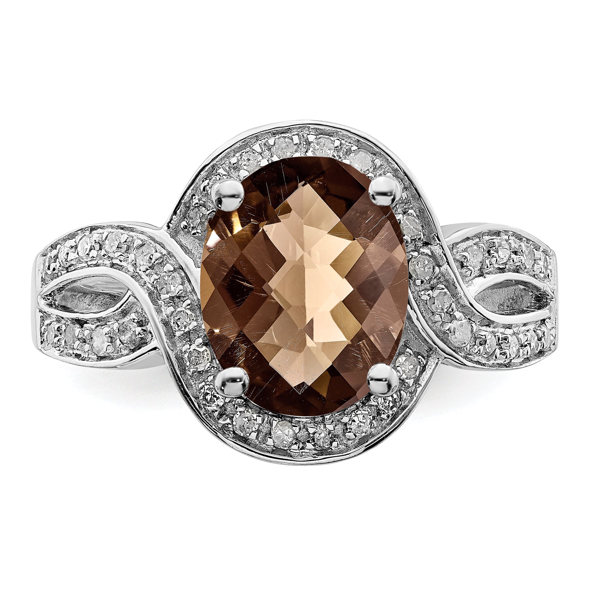 Sterling Silver Rhodium Diamond & Oval Checker-Cut Smoky Quartz Ring