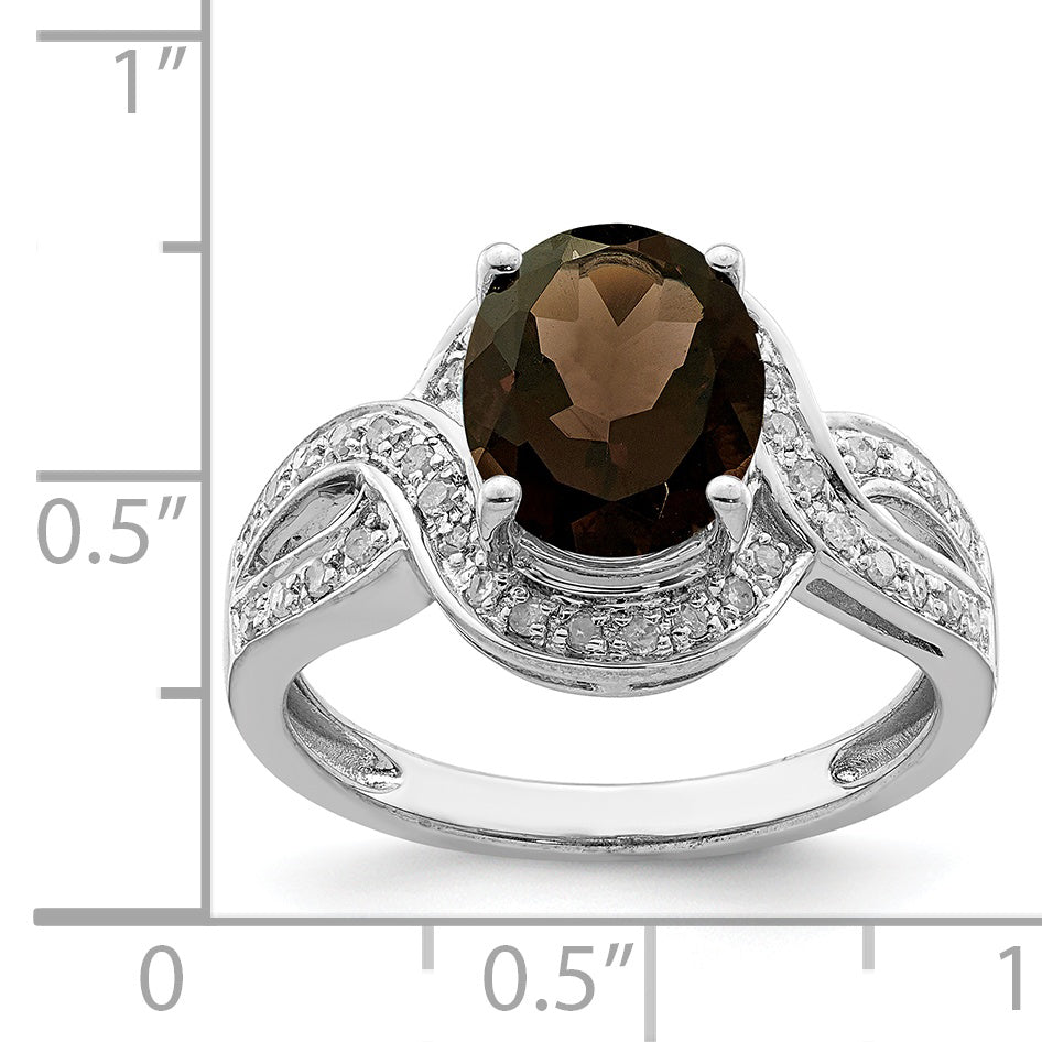 Sterling Silver Rhodium Diamond & Oval Checker-Cut Smoky Quartz Ring