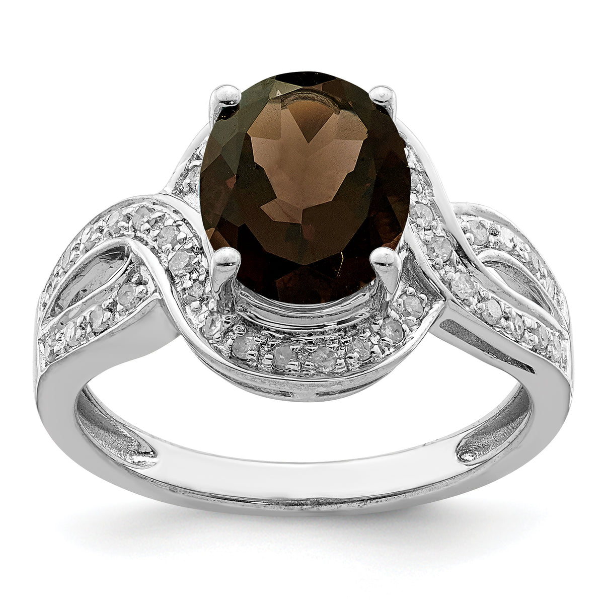 Sterling Silver Rhodium Diamond & Oval Checker-Cut Smoky Quartz Ring