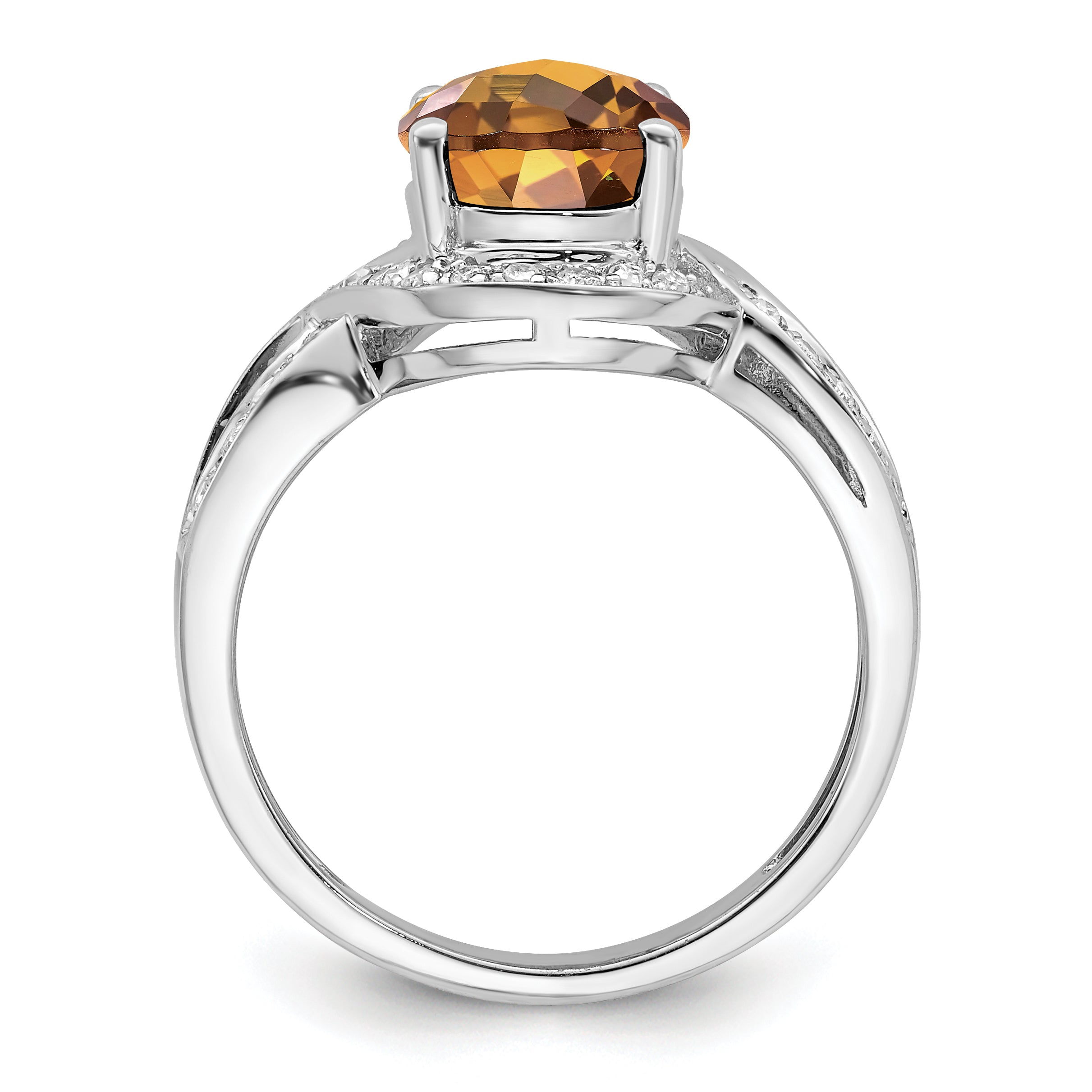 Sterling Silver Rhodium Diamond & Oval Checker-Cut Whiskey Quartz Ring