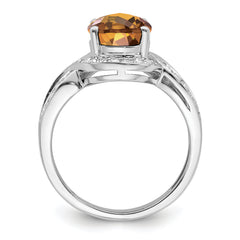 Sterling Silver Rhodium Diamond & Oval Checker-Cut Whiskey Quartz Ring