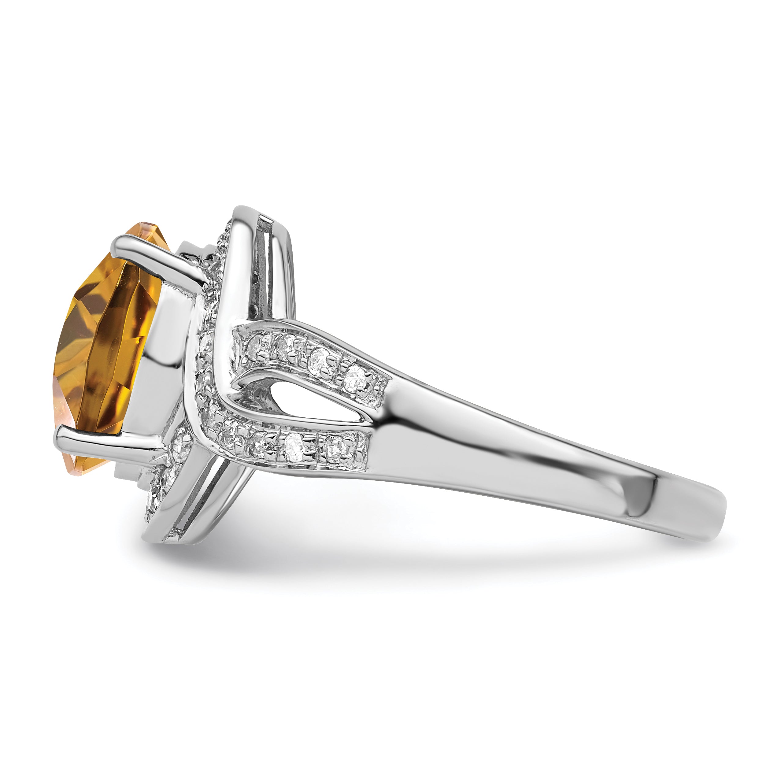 Sterling Silver Rhodium Diamond & Oval Checker-Cut Whiskey Quartz Ring